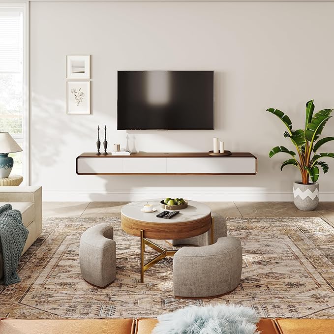 POVISON Fully-Assembled Minimalist Floating TV Stand, Modern Wall-Mounted Entertainment Center with 4 Flip-Down Cabinet Doors, Solid Wood, Walnut Veneer & White, 94"