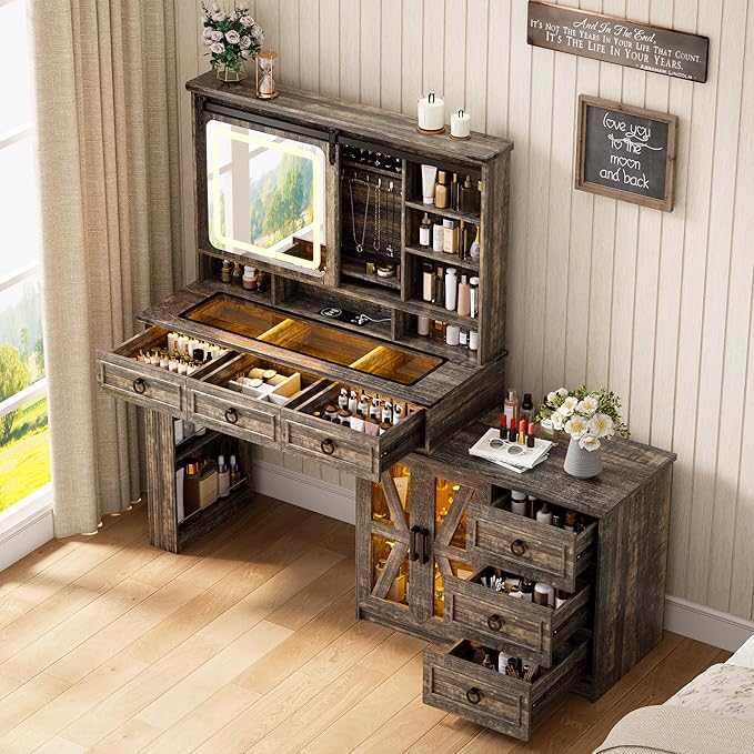 HNEBC 40" W Makeup Vanity Desk with Sliding Mirror and Lights,Farmhouse LED Vanity Set with Jewelry Armoire,Glass Tabletop Vanity Table with Charger,Adjustable Cabinet,6 Drawers,10 Shelves (Oak)