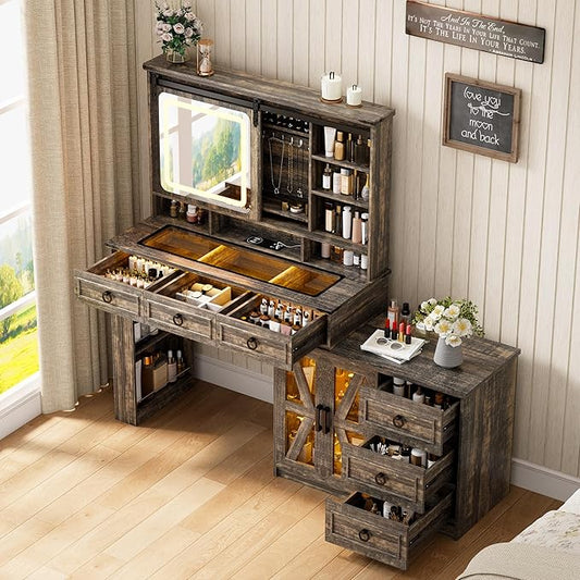 HNEBC 40" W Makeup Vanity Desk with Sliding Mirror and Lights,Farmhouse LED Vanity Set with Jewelry Armoire,Glass Tabletop Vanity Table with Charger,Adjustable Cabinet,6 Drawers,10 Shelves (Oak)
