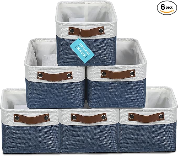 OrganiHaus Small Fabric Storage Baskets for Shelves 6 Pack, 12x8in Closet Storage Bins for Shelves, Cloth Baskets for Organizing, Linen Closet Organizers, Fabric Basket, Navy Blue/White
