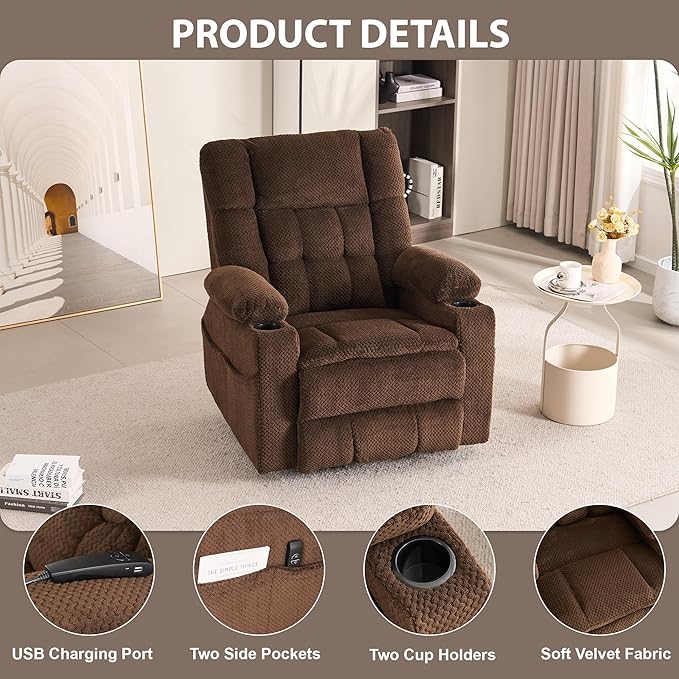 SALOHZA Power Lift Recliner Chair for Elderly with Massage and Heat for Living Room, Electric Recliner Chair for Adults with USB/Type C Port/Cup Holders, Velvet Fabric, Coffee