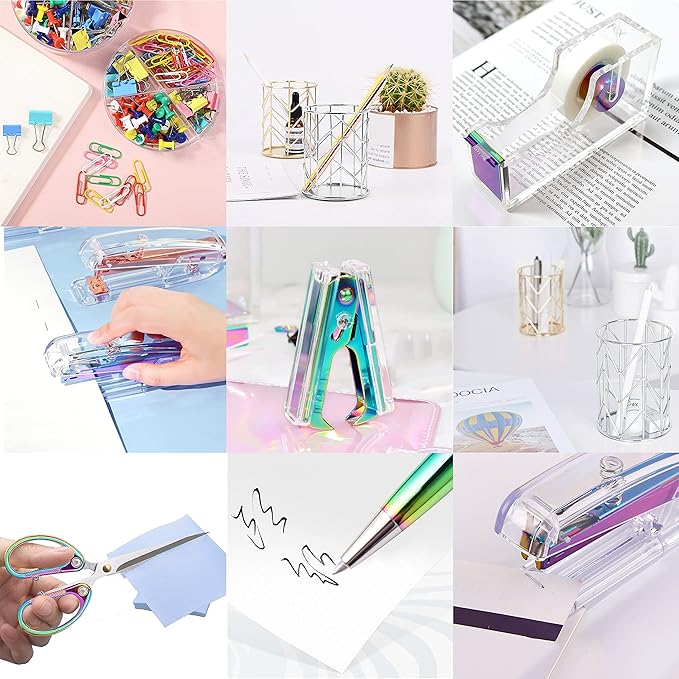 Famassi Dream Color Acrylic Stapler and Tape Dispenser Set, Office Supplies with Tape Dispenser, Stapler Remover, 2 Ballpoint Pen, Scissor, Binder Clips, Paper Clips and 1000pcs Staples
