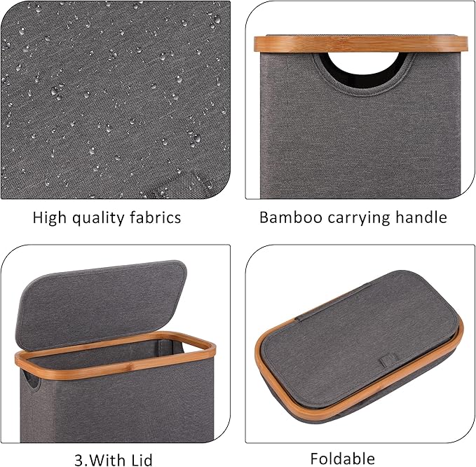 Slim Laundry Basket,60L Laundry Hamper with Lid, Tall Hamper for Laundry,Dirty Cloth Hamper with Bamboo Handle for Toys,Towels, Clothes Organizing,Grey