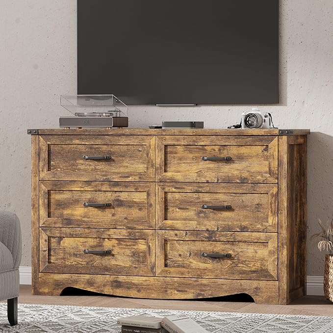 Dresser for Bedroom with 6 Drawers, 48" Wide Wood Chest of Drawers with Deep Drawers & Mental Handle, Modern Dresser TV Stand, Wooden Closet Storage Organizer for Living Room, Hallway, Entryway, Brown