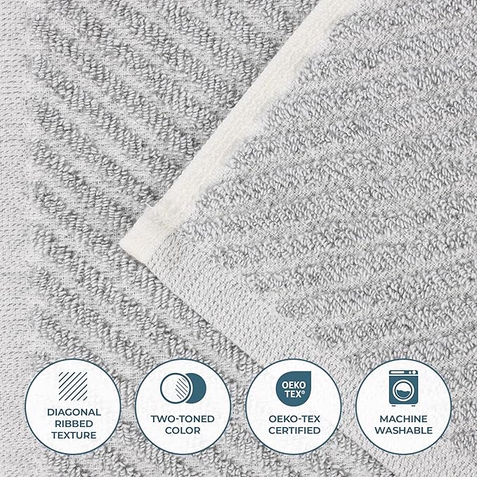 Superior Amelia Viscose Cotton Blend Medium Weight Towels, Guest Bath, Bathroom, Shower, Spa, Plush, Quick Dry, Ultra-Soft Towels, Bath Essentials, Ribbed Design, 12 Piece Assorted Towel Set, Platinum