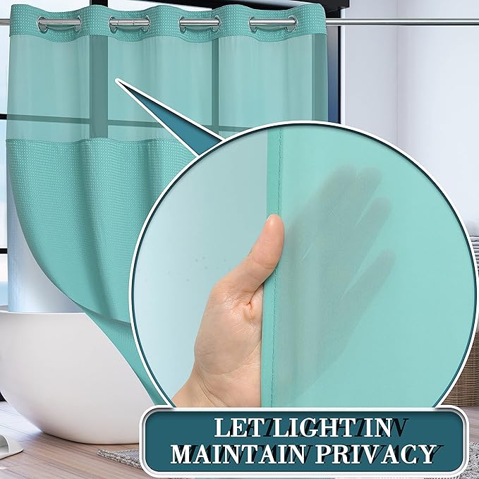 Conbo Mio No Hook Green Waffle Weave Shower Curtain with Snap in Liner Set, Hotel Luxury Shower Curtains for Bathroom with See Through Top Window, Waterproof, Washable 71W x 74H