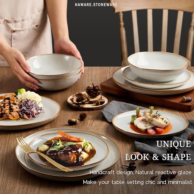 HaWare 12-Piece Dinnerware Sets, Stoneware Plates and Bowls Set for 4, Ceramic Dishware Dinner Set for Home Restaurant, Chip and Crack Resistant, Microwave and Dishwasher Safe, Reactive Pearl White