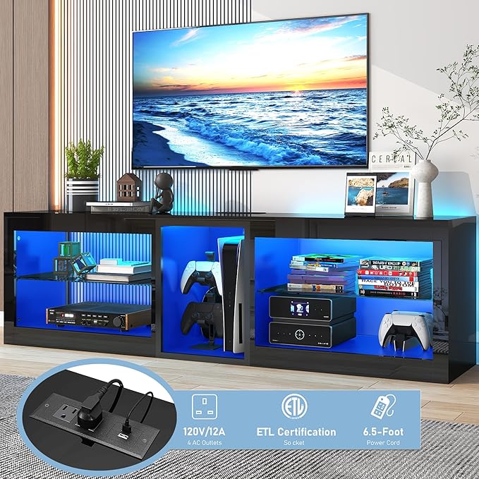 Vinctik 6&Fox LED TV Stands w/Power Outlet,60,00-Colors Lighting for 60 65in TV, 55" Modern High Gloss Entertainment Center,TV Console W/Adjustable Glass Shelves for Living Room Game Bedroom (Black)