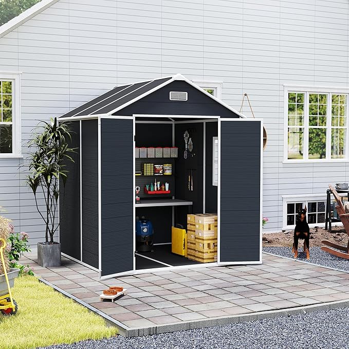 6x6 FT Outdoor Storage Resin Shed with Floor, Plastic Garden Tool Shed with Sloped Roof, Lockable Door & Windows, Easy to Assemble Bike Shed for Lawn, Backyard, Patio, Black