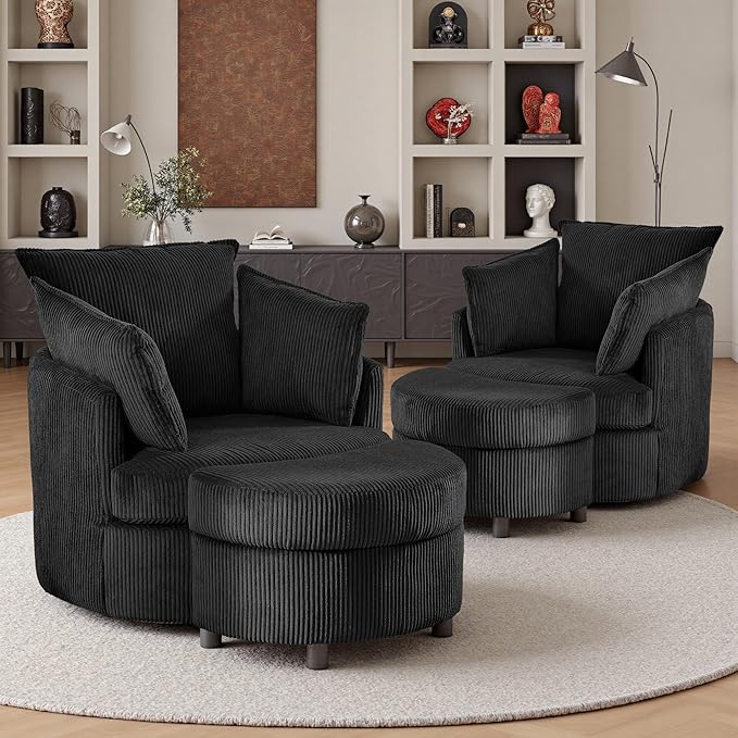 Swivel Accent Chair with Ottoman Comfy Reading Chairs for Bedroom Modern Corduroy Arm Chair 360°Swivel Barrel Chairs for Living Room,Apartment (Black, 2)