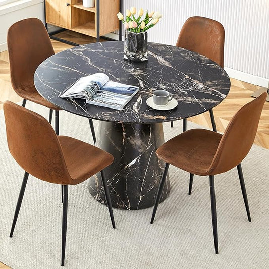 45 Inch Round Dining Table Set for 4, 5 Piece Kitchen Table and Chairs Set, Black Faux Marble Table Top, Small Space Dining Set for Apartment or Dining Room