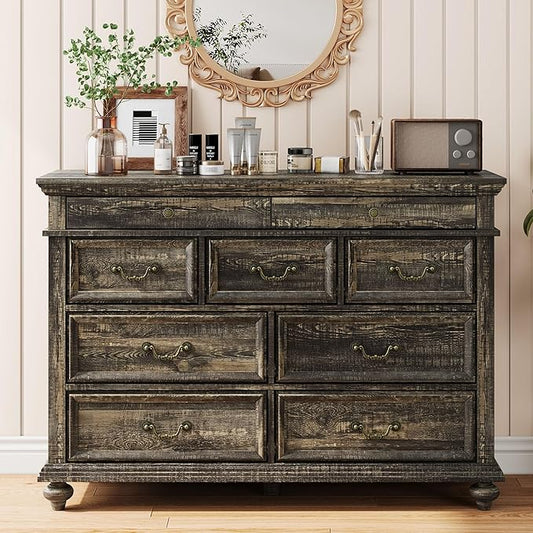 IDEALHOUSE 47" Farmhouse Dresser for Bedroom with 9 Drawers, Rustic Wood Chest with Vintage Metal Handles for Bedroom, Large Storage Organizer for Living Room, Entrance, Dark Oak