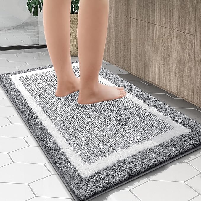 OLANLY Bathroom Rugs 47x20, Extra Soft and Absorbent Microfiber Bath Mat, Non-Slip, Machine Washable, Quick Dry Shaggy Bath Carpet, Suitable for Bathroom Floor, Tub, Shower (Runner, Grey)