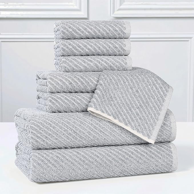 Superior Amelia Viscose Cotton Blend Medium Weight Towels, for Bathroom, Shower, Spa, Plush, Quick Dry, Ultra-Soft Towels, Bath Essentials, Ribbed Design, 8 Piece Assorted Towel Set, Denim Blue