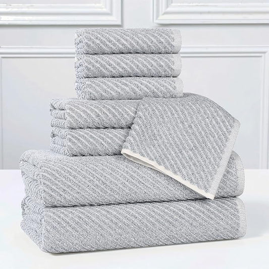 Superior Amelia Viscose Cotton Blend Medium Weight Towels, for Bathroom, Shower, Spa, Plush, Quick Dry, Ultra-Soft Towels, Bath Essentials, Ribbed Design, 8 Piece Assorted Towel Set, Denim Blue