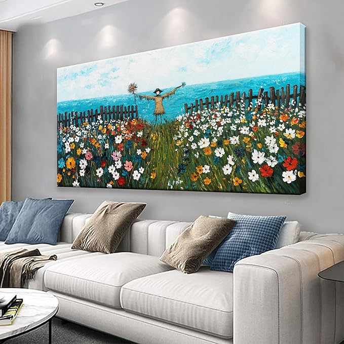 Tsomzxng Canvas Wall Art Decor Blue Sea Wall Decor Colorful Flowers Scarecrow Landscape Print Painting Artwork Picture For Bedroom Apartment Bathroom 20x40 Inch