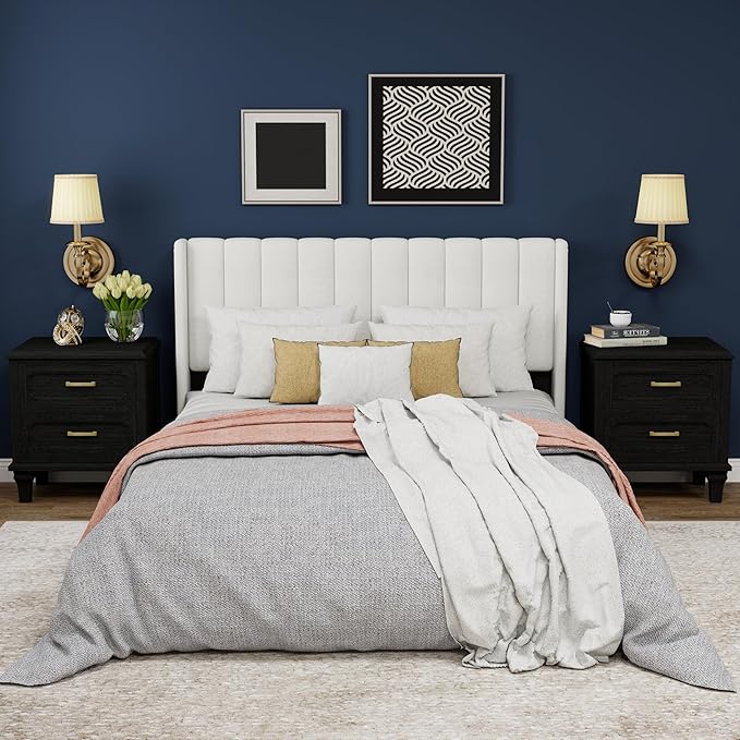 Upholstered Platform Queen Size Bed Frame with Headboard Wooden Slats Support No Noise Easy Assembly White Linen