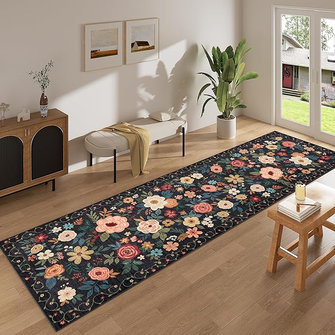 DUKINO Runner Rug, 2x10 Kitchen Runner Rug for Hallway with Non Slip Backing, Washable Low Pile Soft Boho Floral Carpet for Kitchen, Entryway, Hallway, Laundry, Bedroom, Black