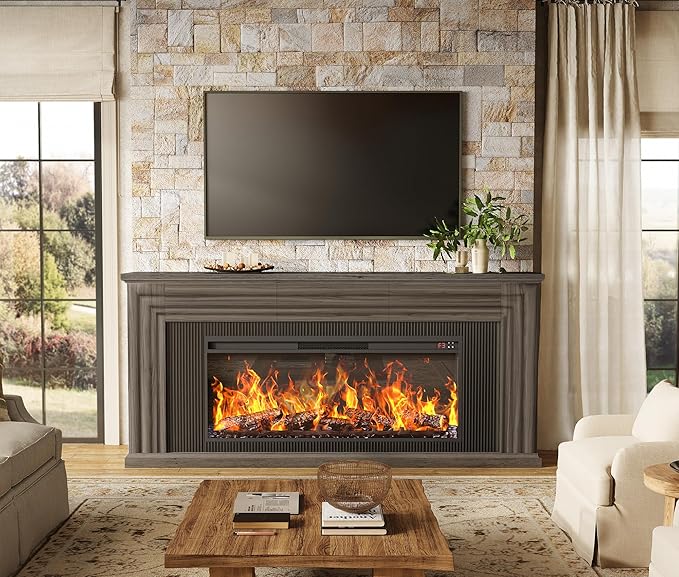 PRAISUN 70'' Fireplace TV Stand with 42'' Electric Fireplace, Farmhouse TV Stand for 65 75 Inch TV, Entertainment Center TV Console with 3 Drawers, Fluted Design, for Living Room, Gray Oak