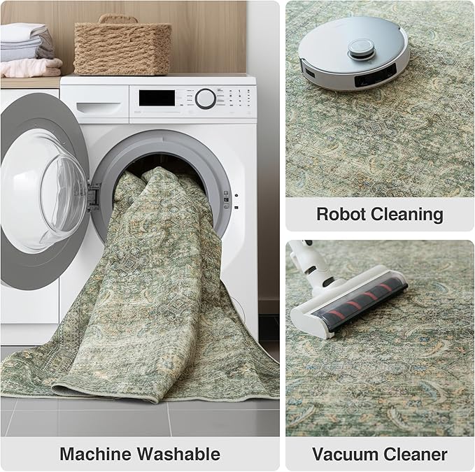 FMFUNCTEX 8x10 Washable Area Rug Green Vintage Neutral Distressed Large Non Slip Retro Carpet for Living Room Bedroom Soft Low Pile Indoor Mat Throw Rug for Dining Room Kitchen Office Nursery