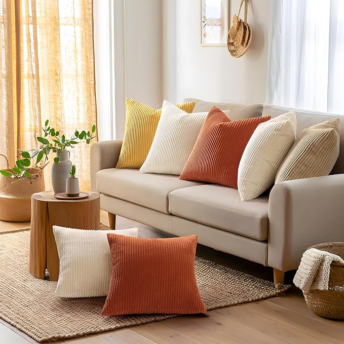 Mecatny Corduroy Decorative Throw Pillow Covers 20x20 Set of 2 for Sofa Living Room, Soft Neutral Boho Couch Pillow Covers for Home Decor, Khaki