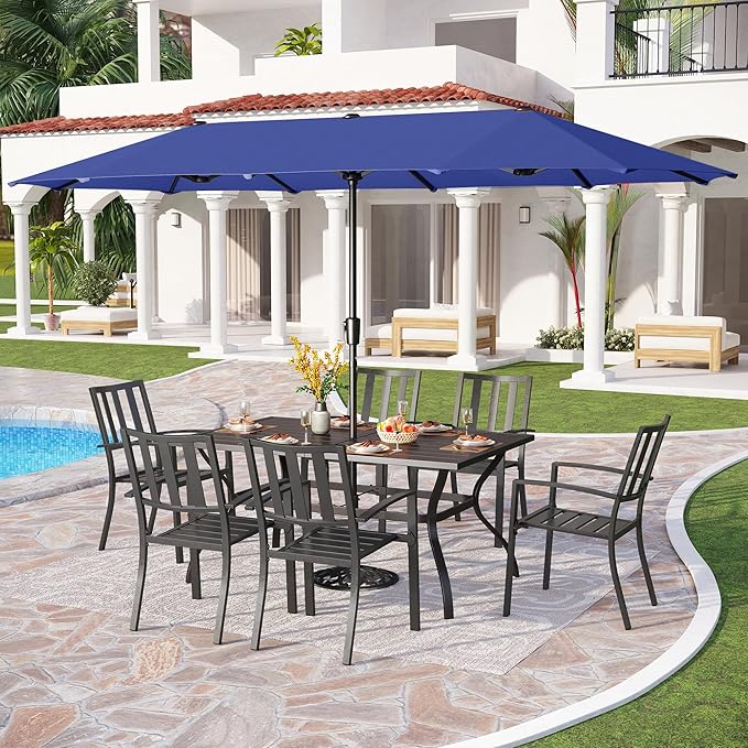 PHI VILLA 7 Piece Outdoor Dining Set for 6, 60” Rectangular Metal Steel Dining Table with Umbrella Hole & Stackable Dining Chairs for Patio, Deck, Yard, Garden