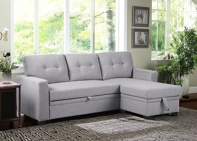 82 Inch Convertible Sleeper Sectional Sofa with Storage Chaise and Pull-Out Bed, Linen Upholstered Reversible Corner Couch, Modular L Shaped Couches for Living Room, Home Furniture, Light Gray