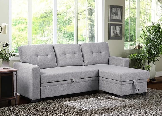 82 Inch Convertible Sleeper Sectional Sofa with Storage Chaise and Pull-Out Bed, Linen Upholstered Reversible Corner Couch, Modular L Shaped Couches for Living Room, Home Furniture, Light Gray