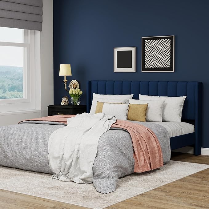 Upholstered Platform King Size Bed Frame with Headboard Wooden Slats Support No Noise Easy Assembly Blue Velvet