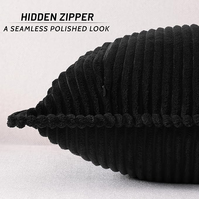 Mecatny Corduroy Throw Pillow Covers 18x18 Set of 2, Neutral Decorative Soft Boho Couch Pillow Covers with Broadside for Sofa Living Room, Black