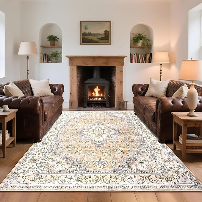8x10 Area Rug for Living Room, Modern Washable Rug Non Slip Low Pile Large Area Rugs for Living Room, Bedroom, Farmhouse, Dining Room,Beige
