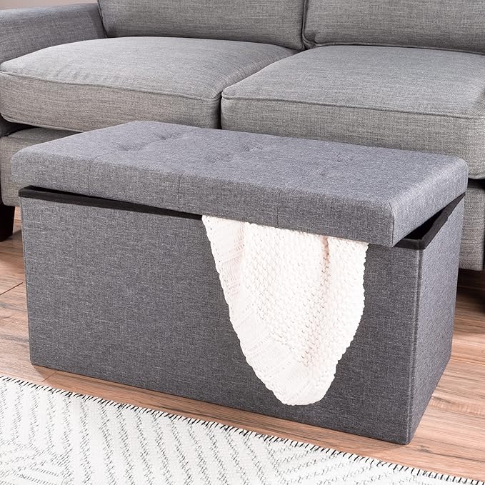 Storage Ottoman - 30-Inch Folding Tufted Footrest, Linen Chest, or Bench with Removable Bin for Living Room, Bedroom, or Dorm by Lavish Home (Gray)