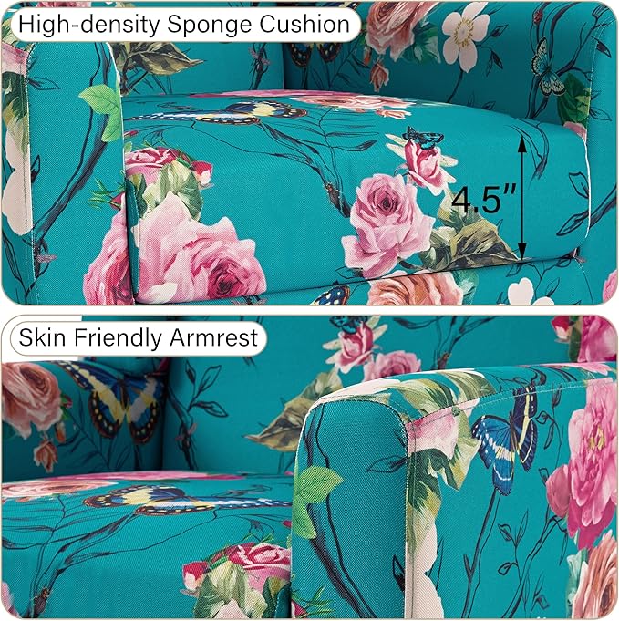 Accent Chair, Modern Linen Blend Arm Chair for Living Room, Bedroom, Comfy High-Resilient Sponge Reading Chair for Small Spaces (Pattern Floral Blue, Set of 1)