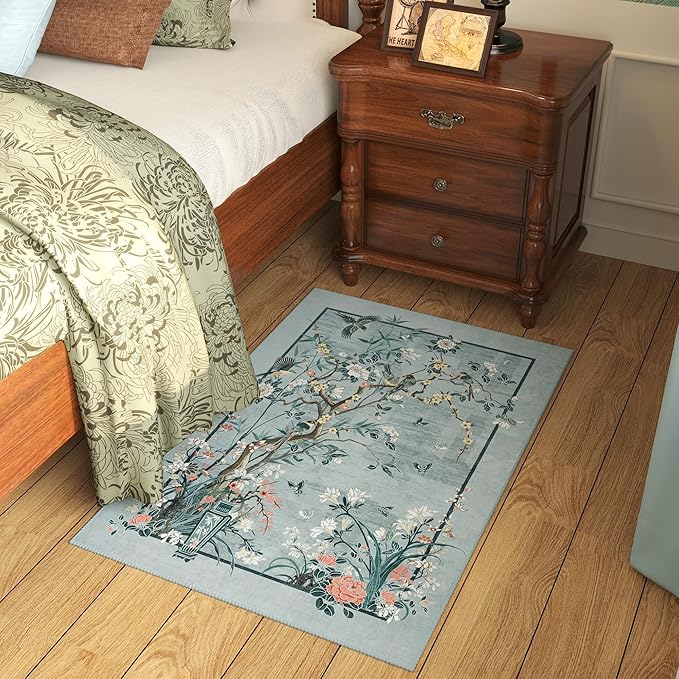 Door Mat Indoor Entrance 2x3 Rug Chinoiserie-Style Floral Vintage Machine Washable Small Area Rug Non-Slip Low Pile Throw Rugs for Entryway, Kitchen, Front Door, Entry, Kids Room, Blue