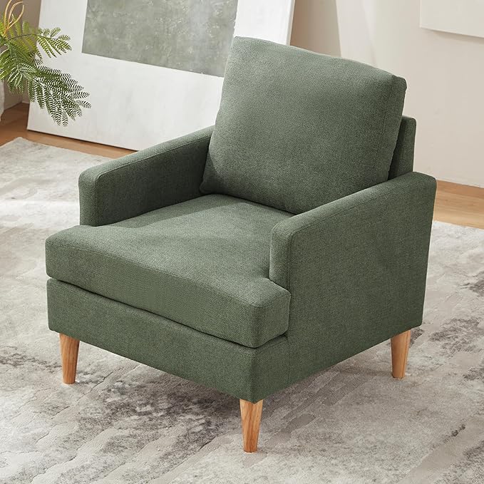 VKNOW Mid-Century Accent Chairs Set of 2, Modern Upholstered Chenille Armchair for Living Room,Comfy Reading Accent Chairs with Wood Legs for Bedroom, Green Polyester