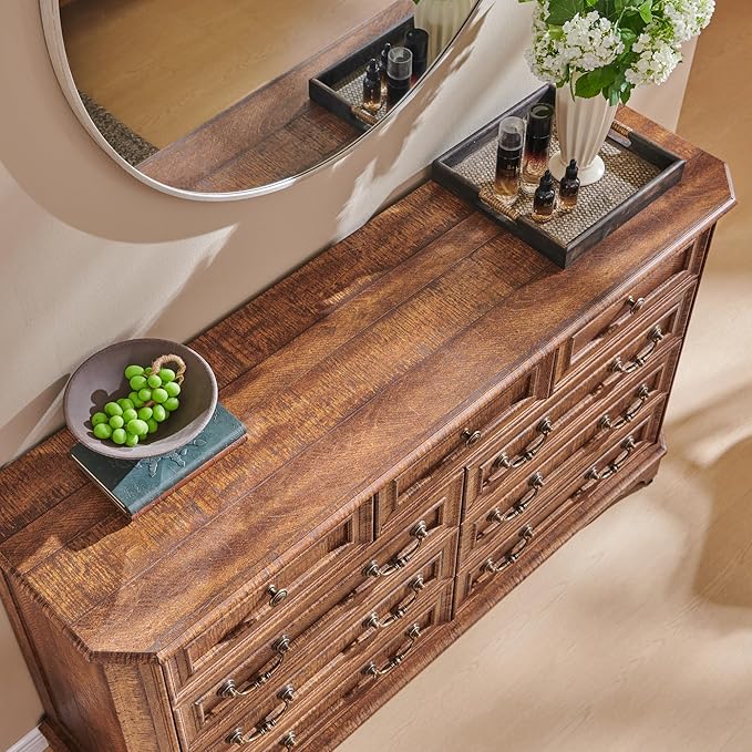T4TREAM Farmhouse 9 Drawers Dresser for Bedroom, 54" Wide Wood Rustic Chest of Drawers with Natural Texture, Vintage Design, Storage Dressers Organizer for Bedroom, Living Room, Reclaimed Barnwood