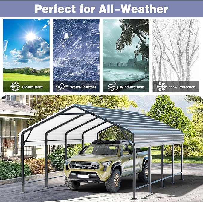 JY QAQA 12 x 20 ft Metal Carport, Heavy Duty Carport Canopy with Galvanized Steel Roof, Outdoor Car Tent Metal Garage Shelter for Car, SUV, Trucks and Boats