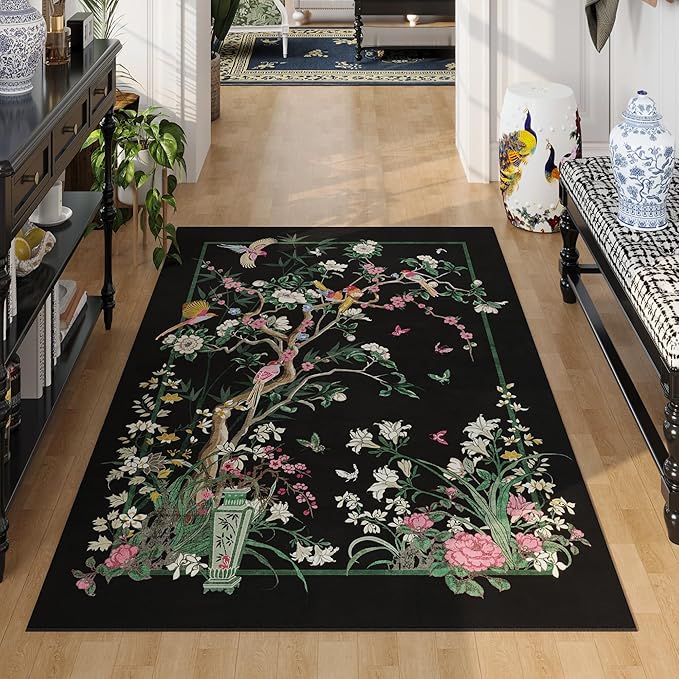 3x5 Washable Rug Chinoiserie-Style Floral Vintage Area Rug Non Slip Low Pile Small Carpet for Bedroom, Bedside, Kitchen, Entryway, Kids Room, Office, Black