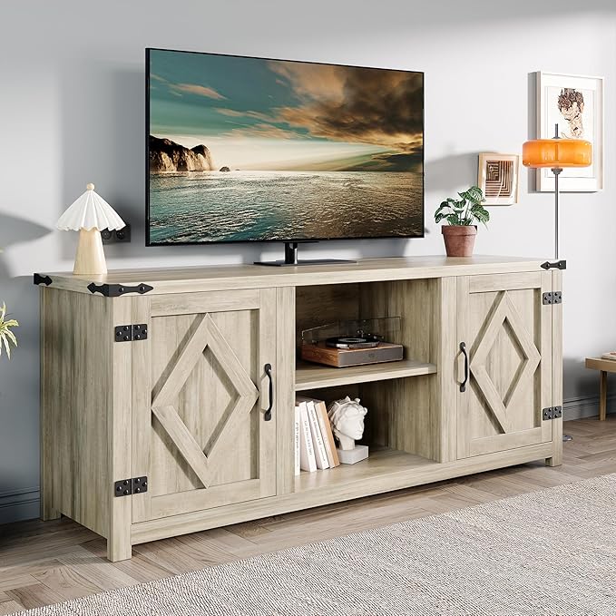 Modern Farmhouse TV Stand for Televisions up to 65’’, Entertainment Center with Storage Cabinets and Sliding Barn Doors, Media TV Consoles for Living Room, Bedroom, Gray Oak