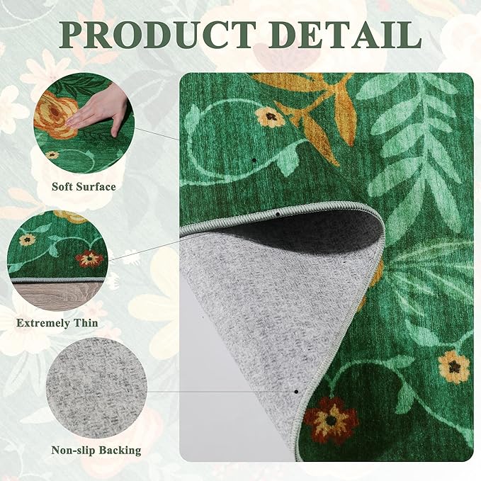 DUKINO 2x4 Rug for Entryway, Washable Kitchen Floral Runner Rug with Non Slip Backing, Low Pile Soft Boho Carpet for Kitchen, Hallway, Entryway, Laundry, Bedroom, Dark Green