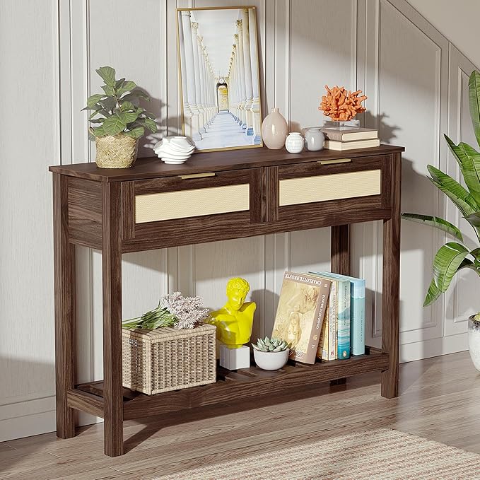 Console Tables with 2 Drawers,Rattan Entryway Table with Storage Shelf,Wood Boho Foyer Tables for Entryway,Farmhouse Console Tables for Living Room,Hallway, Sofa Table,Study Or TV Wall