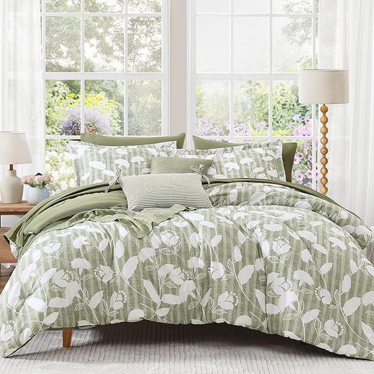 Queen Comforter Set -7 Pieces Sage Green Floral Comforter Set for All Seasons, Bed in a Bag Queen with Botanical Flowers Comforter, Sheets, Pillowcases & Shams