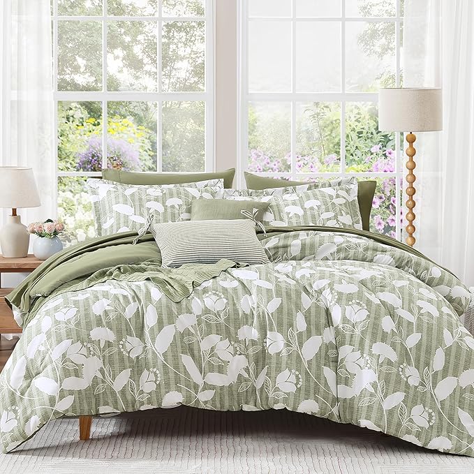 Full Comforter Set -7 Pieces Sage Green Floral Comforter Set for All Seasons, Bed in a Bag Full with Botanical Flowers Comforter, Sheets, Pillowcases & Shams