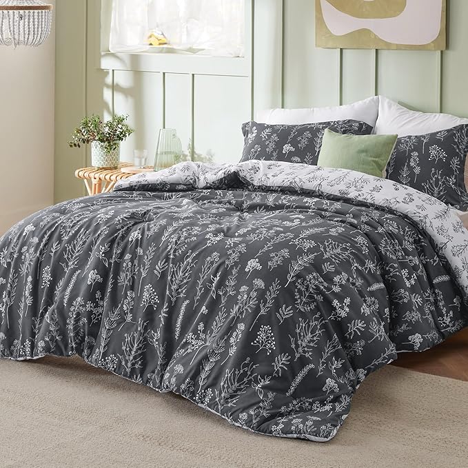 Bedsure Queen Comforter Set - Dark Grey Bed Set, 3 Pieces Cute Floral Bedding, 1 Soft Reversible Botanical Flowers Comforter and 2 Pillow Shams