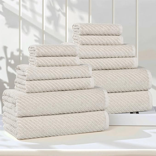 Superior Amelia Viscose Cotton Blend Medium Weight Towels, for Bathroom, Shower, Spa, Plush, Quick Dry, Ultra-Soft Towels, Bath Essentials, Ribbed Design, 12 Piece Assorted Towel Set, Beige