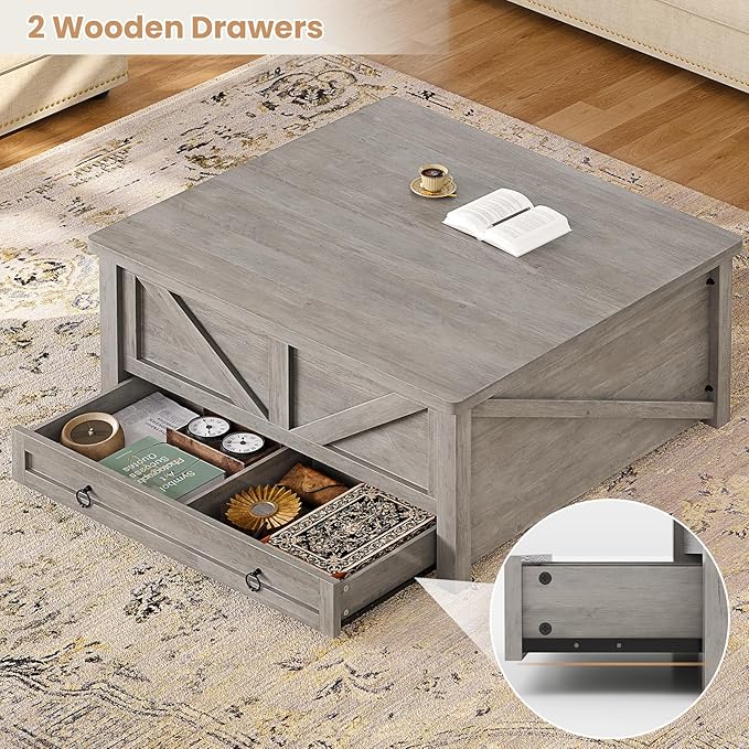 Itaar Wooden Coffee Table, Lift Top Coffee Table with Storage, Square Coffee Tables with Drawers and Hidden Compartment, Center Table for Living Room, Home Office, Grey