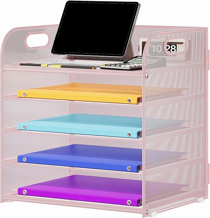 5 Tier Paper Organizer with Handle, Metal Mesh Desk Organizer File Folder Paper Letter Tray Desktop Document Sorter for Classroom, School, Office Accessories Organization and Storage - Pink