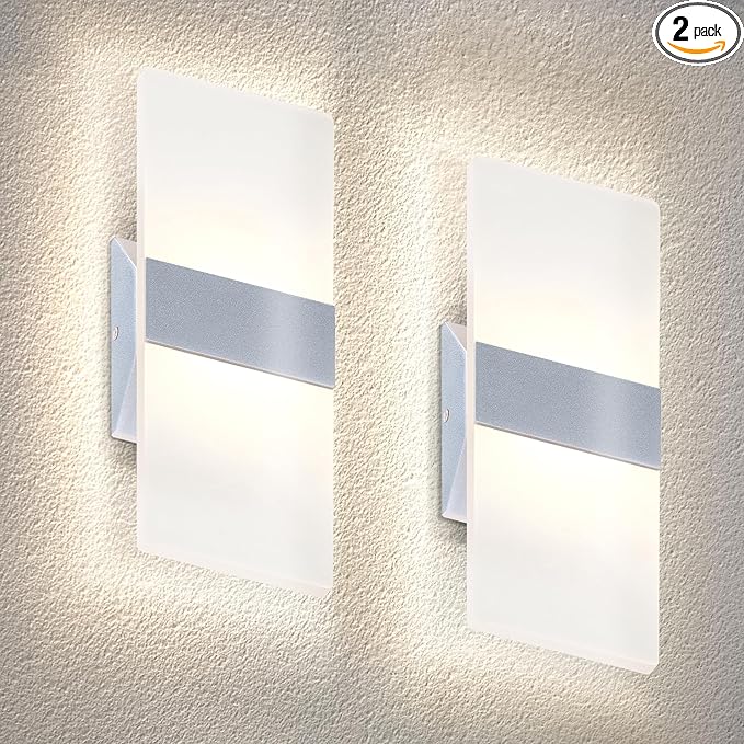 ASD 12 Inch LED Indoor Wall Sconce - Modern Interior 12W 2700K-5000K Adjustable Dimmable Wall Mounted Light Fixtures, Acrylic Glass Wall Lights for Stairway, Hallway - UL, Brushed Nickel, 2 Pack