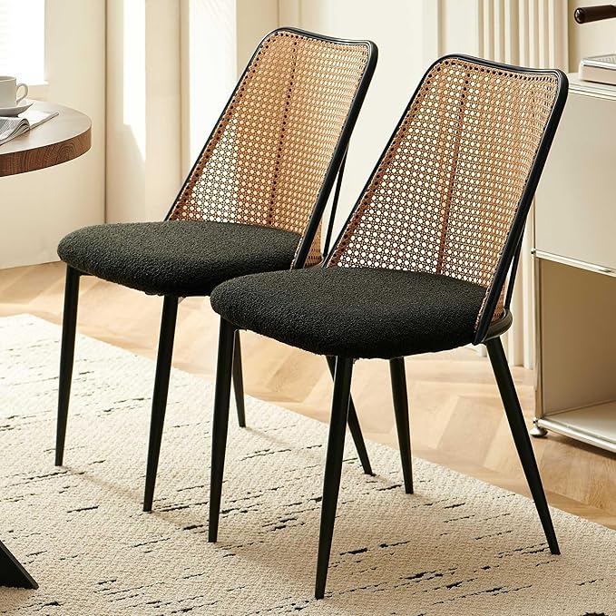 Dining Chairs Set of 2, Boho Rattan Back Dining Room Chairs Upholstered Boucle Round Dining Chairs