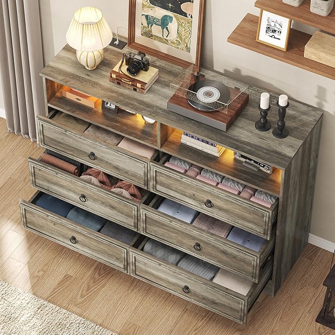 Grey 6 Drawer Dresser for Bedroom with LED Lights and Charging Station, Wood 6 Chest Drawers, Large Storage for Clothes, for Living Room, Bedroom, Hallway, Taupe Grey